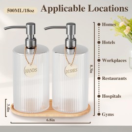 18Oz Soap Dispenser Set with Silver Stainless Steel Pump & Wood Tray - Vertical Stripe Design Refillable for Dish Soap & Hand Soap, Fits Kitchen & Bathroom Countertops