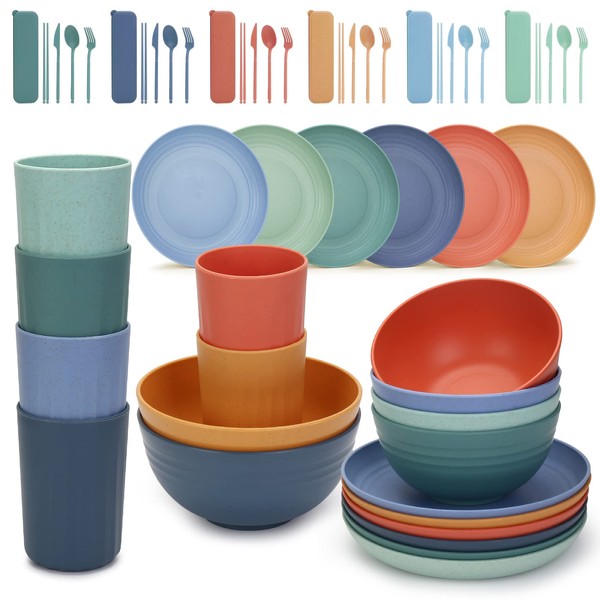 Beyoung Wheat Straw Dinnerware 6 Sets (54Pcs), Unbreakable MultiColor Eco