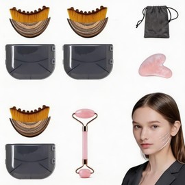 5-teiliges Gesichtsbürsten-Set mit Lymphdrainage, trockene Bürste mit Naturborsten, Roller und Gua Sha, zum Formen von Kinn und Kiefer, sanftes Peeling, mit tragbarer Tasche