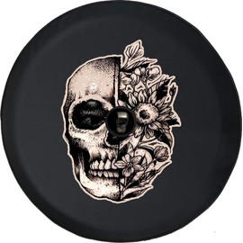 Funny Spare Tire Wheel Cover for Camper SUV Trailer Truck RV JP Thick PVC Leather | Vintage Flower Skull Black 33 Inch with Backup Camera Hole