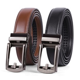 JASGOOD 2 Pack Men's Leather Belt with Slide Automatic Leather Belts Ratchet Belt for Men with Automatic Buckle,Black+Brown-Gun Buckle