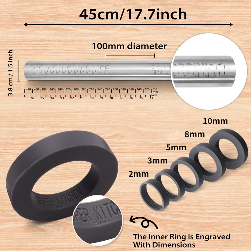 Adjustable Rolling Pin with Thickness Rings for Baking -Non Stick