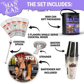 Man Can Martini Cocktail Kit Gift Set for Him - Home Bar Essentials with Five Popular Martini Mixes, Includes 2-Piece Shaker, Strainer, Stirring Spoon, and Unique Can Packaging