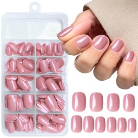 AddFavor 240pc/Pack Short Press on Nails Pink Short Square Fake Nails Glossy Full Cover Acrylic Artificial Glue on Nails for Women, with Sticky Tabs, Nail File