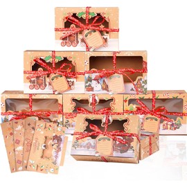 Ayuanb 12 Packs Christmas Cookie Boxes with Window, 8.66''x 6.18''x 2.74'' Xmas Bakery Goods Boxes, Christmas Eve Pastry Boxes with Ribbons and Gift Tags, Cupcake Boxes for Xmas Party Gift Giving