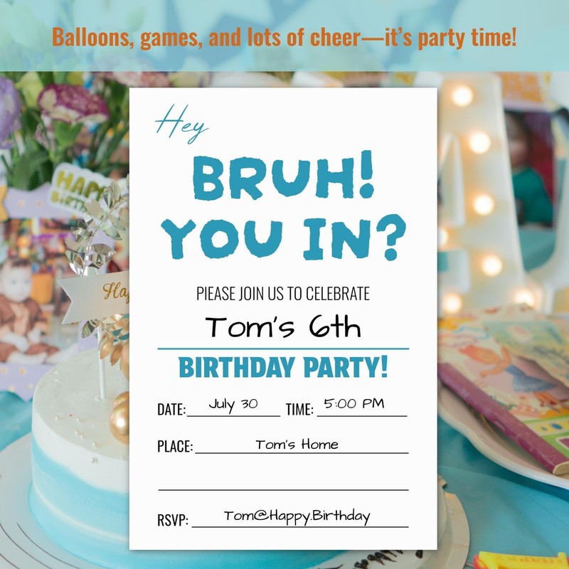 WENFLY Hey Bruh You In Birthday Party Invitations, Minimalist Blue-Style