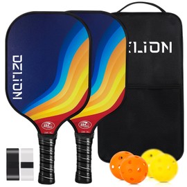 DZLION Pickleball Paddles, Fiberglass Pickleball Paddles Set of 2 with 4 Pickleball Balls, 2 Athletic Tape, 1 Portable Carry Bag Pickleball Rackets for Beginners & Pros, blue & yellow
