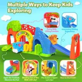 BAYSING Toys for Toddler 1, 2, 3 Year Old Boy and Girl, Zoo Animal Slide Playset with 4 Animal Cars, Open-Ended Interactive Toy for Cultivate Imagination, Gifts for 12-18+ Months Kids