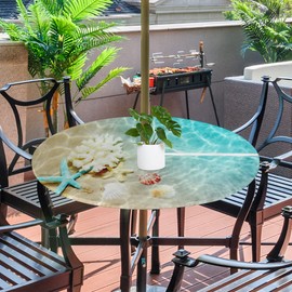 Round Fitted Tablecloth with Umbrella Hole Marine Starfish Outdoor Tablecloth Waterproof Umbrella Table Cloth Zippered Tablecloth 36"-44" Round Elastic Table Cover for Patio