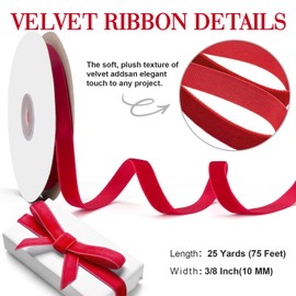 Red Velvet Ribbon 3/8 Inch x 25 Yards: Velvet Ribbons for Gift Wrapping Valentines & Wedding Flower Bouquet Packaging, Bow Making Mother's Day Decorations and Wreath Crafts Decoration