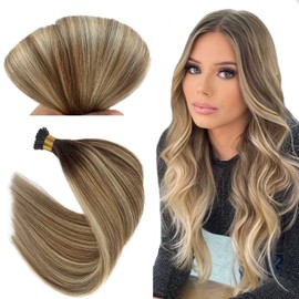 Licoville I Tips Human Hair Extensions Balayage Brown to Blonde Highlights Keratin I Tip Hair Extensions Real Human Hair 14 Inch Silky Straight Brown and Blonde I Tip Hair 50g