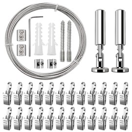 YIXISI 5 m Wall Mount Set, with 24 Pieces Metal Clips Hooks, Stainless Steel Curtain Wire, Curtain Steel Rope, for Photo Wire, Clothesline, Wire, Window, Curtain, Tension Wire