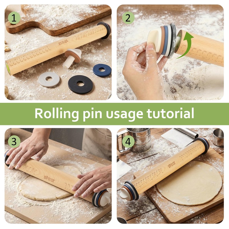Rolling Pin with Thickness Rings,13.6" Dough Roller with Mat&4 Cookie