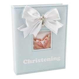 Happy Homewares White Faux-Silk Double Bow and Silver Plated Cross Christening Photo Album in Blue - Holds 60 6x4 Pictures - Gorgeous Christening Gift Idea for Baby Boy