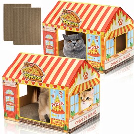 Tlence 2 Pack Cardboard Cat Houses with Scratcher, 16.5''x12.25''x15'' Cat Hideaway Playhouse, Kitty Scratching Beds for Indoor Cats, Pizza Shop Cat Furniture Condo Cave Tent for Bunny Small Animals