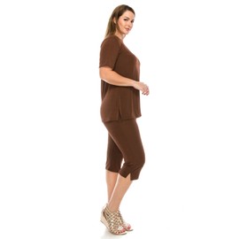Jostar Women's 2 Piece Set – Short Sleeve T Shirts Top and Capri Pants with Side Slit Solid Casual Outfit Brown