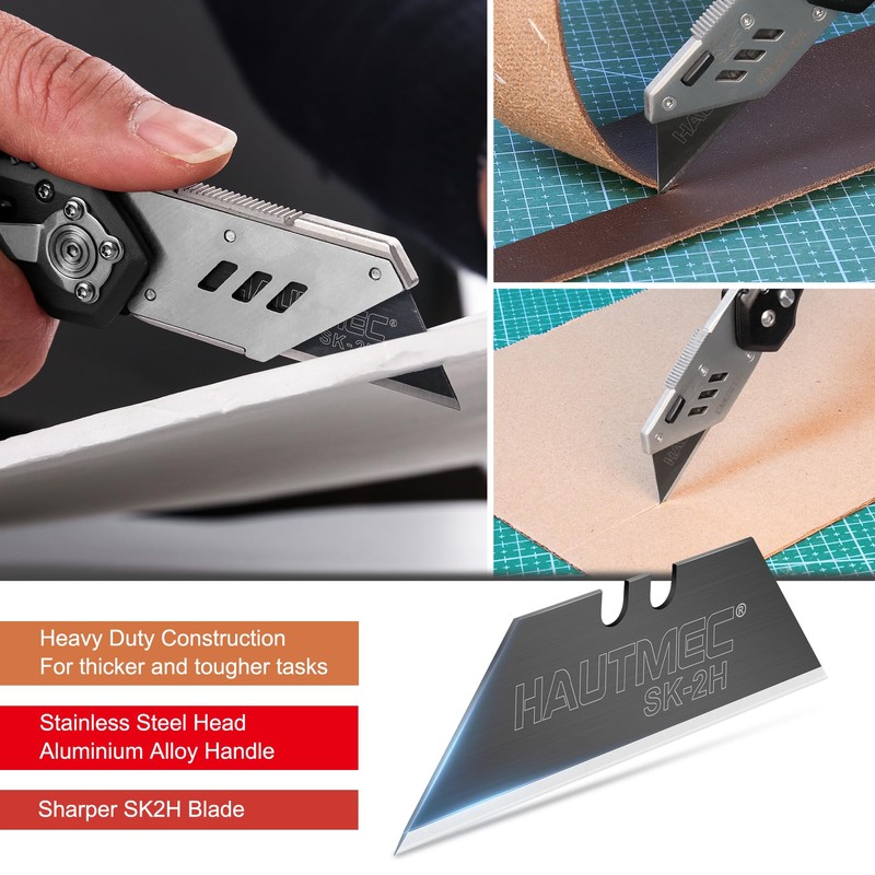 HAUTMEC Folding Utility Knife with 10-Pack SK2H Blades, Heavy-Duty Aluminum