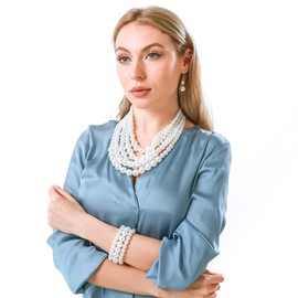JNF - Juego de collares grandes de perlas de imitación para mujer, collar de perlas de múltiples hilos, pulsera y aretes, disfraz de perlas, collar de joyería para mujer, Ajustable, Perla de