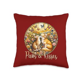 Art Nouveau Love Chihuahua Dog & Cat Kiss Flower Butterfly Paws Kisses Valentines Chihuahua Dog & Cat Throw Pillow, 16x16, Multicolor
