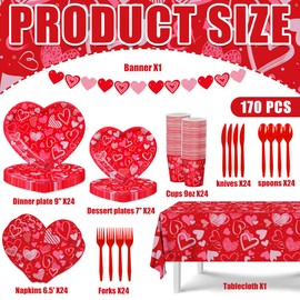 170pcs Valentine’s Day Party Supplies Red Heart Shaped Paper Plates Napkins Girls Valentine’s Day Tablecloth Heart Banner for Lovely Valentine's Day Engagements Weddings Anniversary Serves 24 Guests