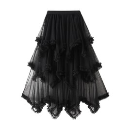Women Layered Tulle Long Skirt UK Ladies Fashion High Waist Solid Color Frill Trim Ruffle Midi Skirt (Black, One Size)