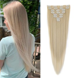 Cybelleza 24" Hair Extensions Clip in Long Straight Clip in Hair Extension 8PCS Full Head Set Synthetic Hairpieces for Women (Natural Blonde Ombre Bleach Blonde)