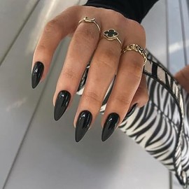 IKISKT Classic Black Press on Nails Medium Long Almond Stiletto, Pure Color Acrylic Nails Set Reusable Fake Nails Almond Nails Press ons False Nails for Women UV Coating Protective Manicure Nails
