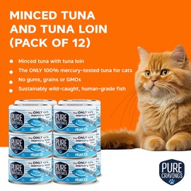 Pure Cravings Minced Tuna and Tuna Loin Wet Canned Cat Food, 100% Mercury-Tested, Moist Can Fish for Cats, Grain-Free, Protein, Non-GMO, 3oz, Pack of 12