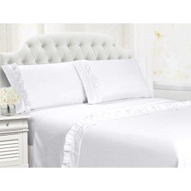 Swift Home Ultra-Soft Elegant 2" Ruffled Hem Design on Flat Sheet and Pillowcases. Wrinkle Resistant, Fade Resistant, Deep Pocket, Double Brushed 4-Piece Microfiber Sheet Set - Queen, White