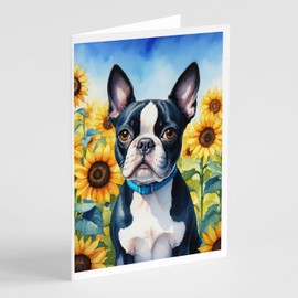 Caroline's Treasures Boston Terrier in Sunflowers Greeting Cards Pack of 8 Blank Cards with Envelopes Whimsical A7 Size 5x7 Blank Note Cards