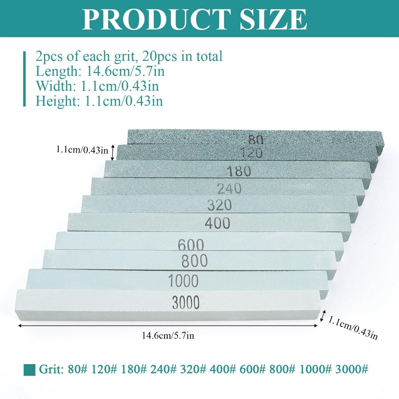 Supkiir 20Pcs Rectangular Sharpening Stone Set, 80#-3000# Green Silicon Carbide