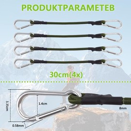 Gcffom Tension Elastic Strap with Carabiner, 4 Pieces Expander with Carabiner Hook, 30 cm, Tie Down Straps with Hooks, Bungee Ropes, Lashing Straps, Luggage Straps, Rubber Tensioner with Hooks for