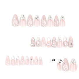 JUSTUSNX 24pcs 3D Almond Fake Nails White Bow False Nails Long French Press on Nails for Women and Girls