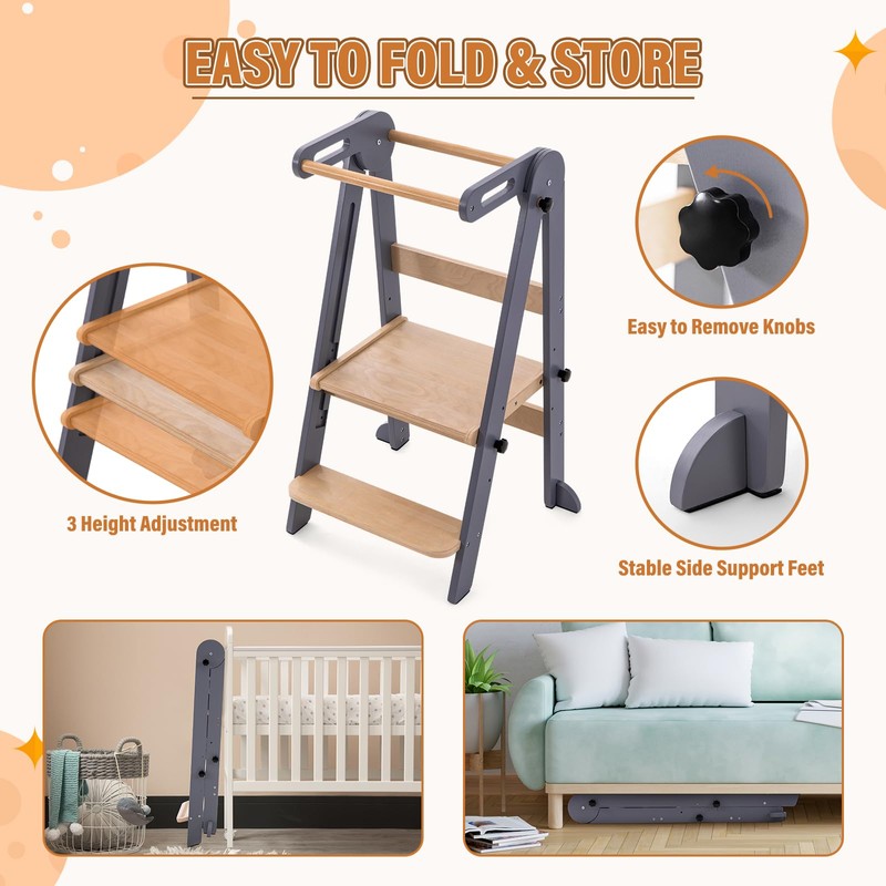 Gewitt Foldable Toddler Kitchen Stool Helper - Adjustable Height Folding