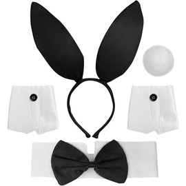KSVFTB 5pcs Bunny Costume, Bunny Costume Accessories Bunny Ears and Tail Collar Bow Tie Cuffs for Adult Women Men for Costume Party Cosplay