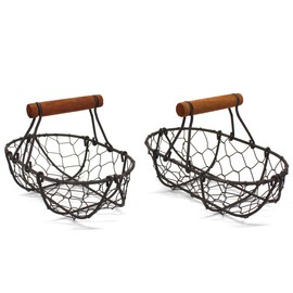 CVHOMEDECO. Oval Chicken Wire Egg Baskets Rust Collection Baskets with Wooden Handle Country Vintage Style Storage Baskets Set of 2