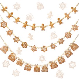 Youyole 3 Pcs Wooden Gingerbread Garland Banner LED Christmas Wooden Bead Gingerbread Man House Snowflake Decoration 5.9 ft Rustic Hanging Banner for Mantel Fireplace Holiday Room Wall Decoration