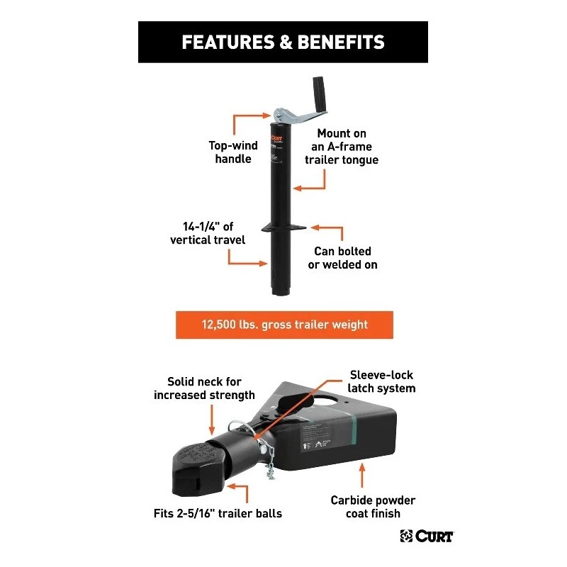 CURT 2K A-Frame Trailer Jack Top Handle w/ A-Frame Coupler