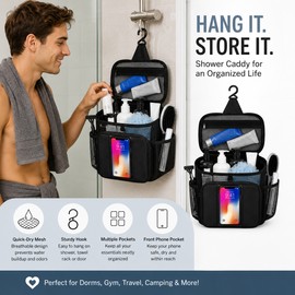 Quick-Dry Mesh Shower Caddy for College Dorms & Travel – Hanging Toiletry Organizer with Phone Pocket and Multiple Storage Compartments