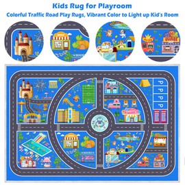 Kids Car Rug Playmat, Road Traffic Rug for Kids Cars, Carpet Play Mat for Playroom, Non Slip Kids Play Rug for Bedroom Boys, Fun City Life Car Mat for Children Room(Dark Blue,2.6×3.9ft/31×47in)