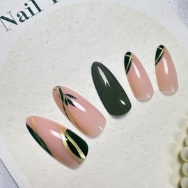 Green Press on Nails Short Almond Fake Nails with Designs Leaf False Nails Press ons Gold Swirl Glue on Nails Glossy Full Cover Acrylic Nail Artificial Cute Stick on Nails Manicure for Women 24Pcs