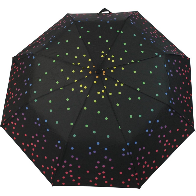 Folding Umbrella Stable with Automatic Black Printed Rainbow Dots, Black