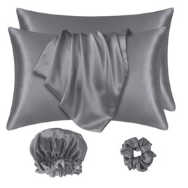 ColourNest Satin Pillowcase Set for Hair and Skin - 2 Pack, Silky Satin Pillowcases with Envelope Closure, Includes Satin Scrunchie and Bonnet, Gray, Standard Size 50x75 cm