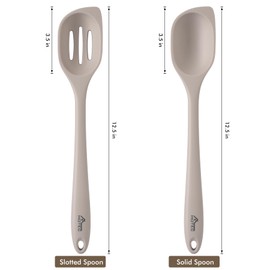 HOTEC Heat Resistant Silicone Cooking Spoon Spatula, Large Kitchen Solid and Slotted Spoons for Mixing, Serving, Scraping, Non-stick, Dishwasher Safe Khaki 12.5inch