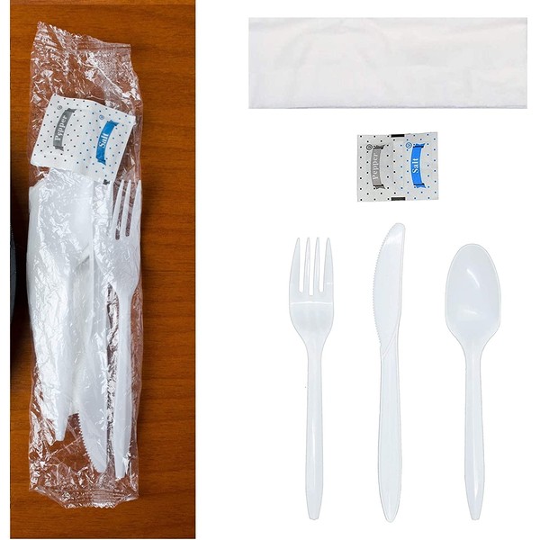 500 Plastic Cutlery Packets - Knife Fork Spoon Napkin Salt Pepper Sets | White Plastic Silverware Sets Individually Wrapped Cutlery Kits, Bulk Plastic Utensil Cutlery Set Disposable To Go Silverware