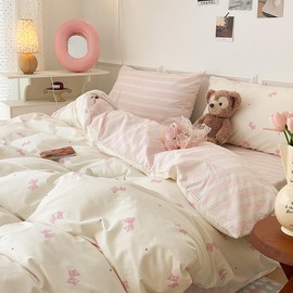 Nayoroom Bow Duvet Cover Twin Size 100% Cotton Reversible Pink White Striped Comforter Cover 2 Pcs Soft Breathable Cute Coquette Bedding Set Gift for Women Girls