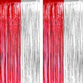 Red White Party Tinsel Foil Fringe Curtains - Circus Welcome Carnival Under the Top Birthday Baby Shower Graduation Party Backdrops Wedding Valentines Day Party Decor Photo Booth Backdrops Decorations