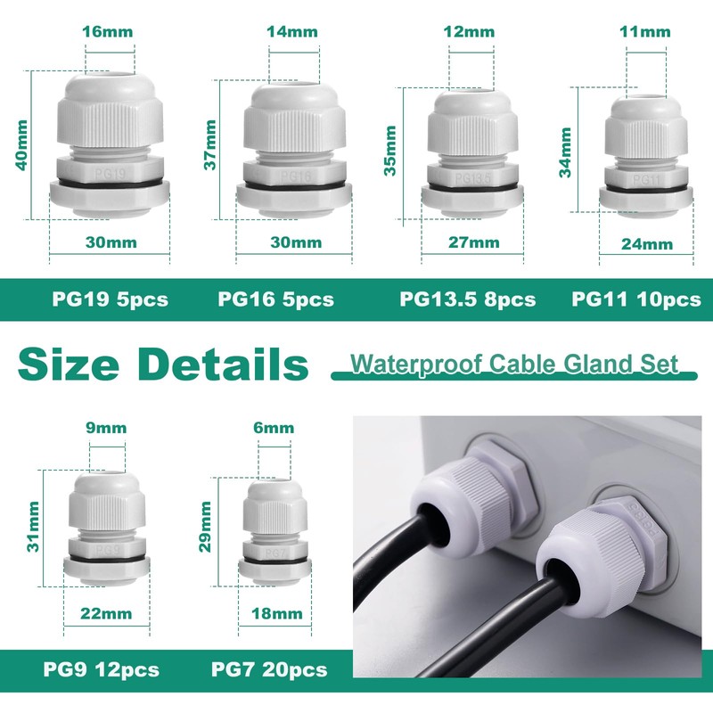 Faankiton Pack of 60 Cable Glands Waterproof Adjustable Cable Glands