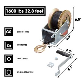 Torin ATRT1161SB-1 Heavy Duty Manual Hand Crank Winch with 32.8ft Nylon Strap for Boats, Trailers, Trucks, ATVs, 1600lbs Capacity, Silver