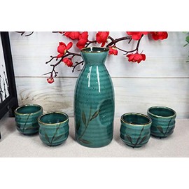 Ebros Gift 12oz Porcelain Stoneware Artistic Green Wetlands Reed Grass Rice Wine Sake Set Carafe Flask With Four Ochoko Cups